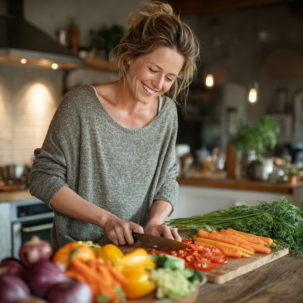 Middle-aged woman in her 40s preparing healthy vegetables in a bright modern kitchen, smiling while chopping colorful fresh produce