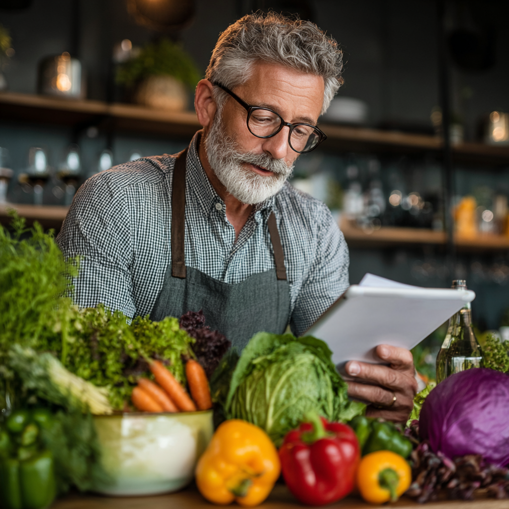 Professional nutritionist man in his 50s reviewing meal plans and healthy food ingredients on a modern office desk with tablet and fresh vegetables